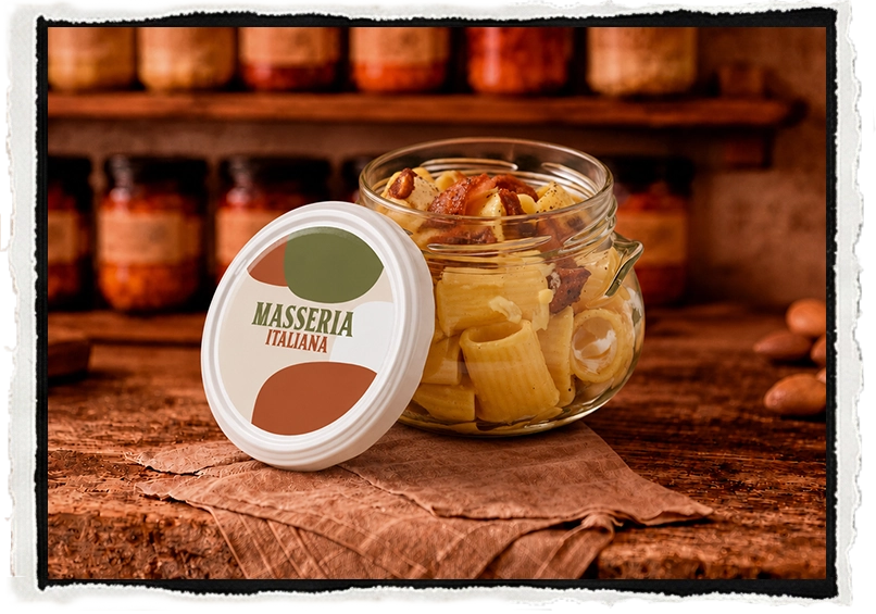tarro de macarrones a la carbonara sobre encimera de madera
